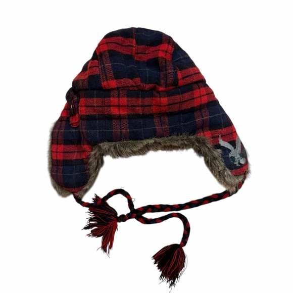 American Eagle Plaid Trapper Hat Faux Fur Lined Winter Ear Flap Aviator Ski - Picture 4 of 6